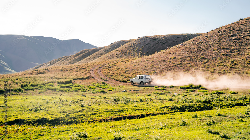Naklejka premium Different jeeps on off-road trip in the green Tien Shan Mountains in Kensu river area in the summer. Rich unique nature of Central Asia
