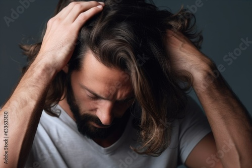 cropped shot of a man touching his and hair