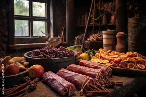 dehydrated fruit leather rolls in a rustic setting