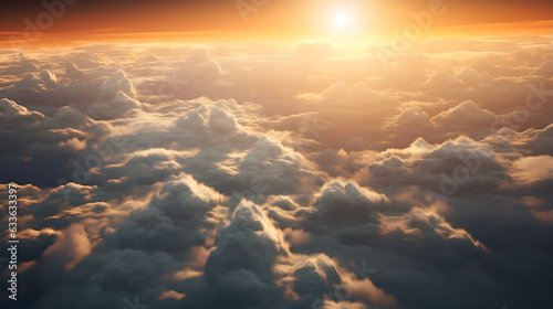 Beautiful landscape of sunrise above clouds. A breathtaking sunrise painting the sky with a golden palette as it emerges above a sea of clouds, a serene and majestic aerial landscape, dawn