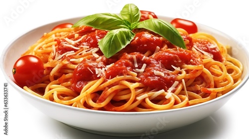 Delicious mouth-watering classic Italian spaghetti pasta with tomato sauce, parmesan cheese and basil on a plate on a light background. Generative AI