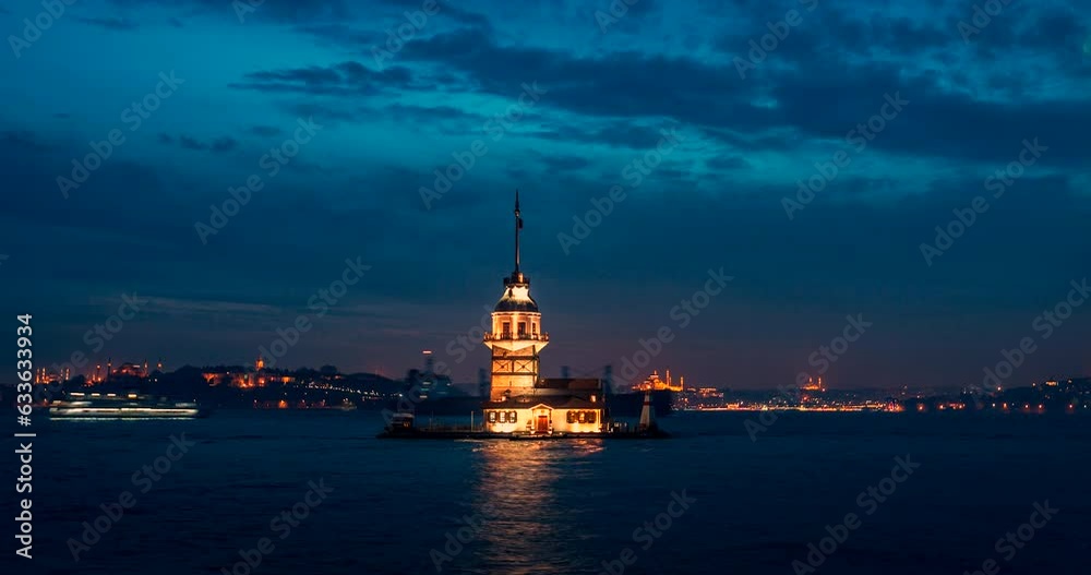 Maiden's Tower (Kız Kulesi) timelapse from day to night, istanbul skyline aerial view turkey. Maiden's Tower (Kız Kulesi) timelapse from day to night, istanbul skyline aerial view turkey.