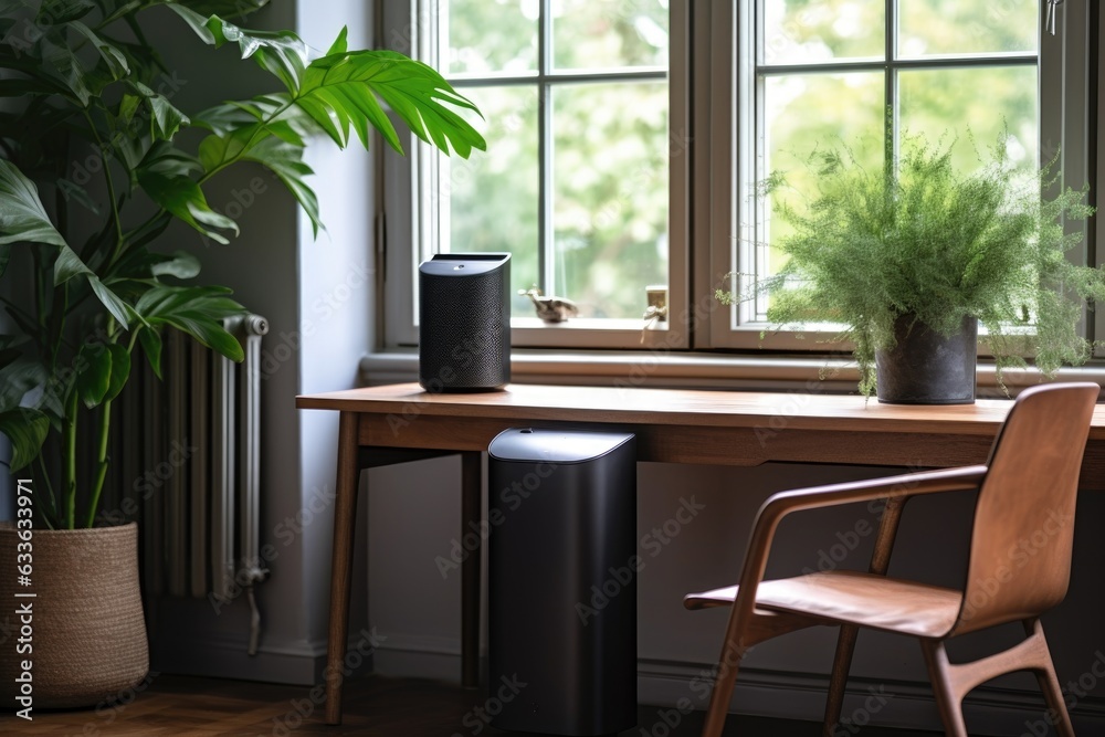 air purifier on desk in minimalist home office