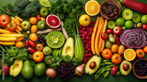 Panoramic food background with assortment of fresh organic fruits and vegetables in rainbow colors 