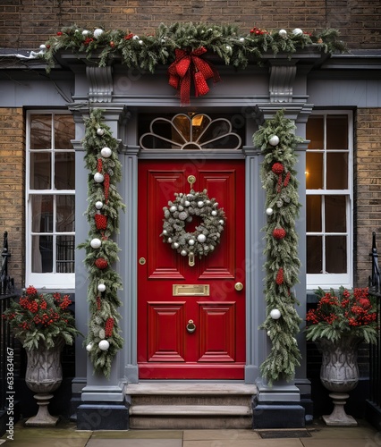 Elegantly Adorned Christmas Door: A Festive Entryway Welcome. Generative Ai
