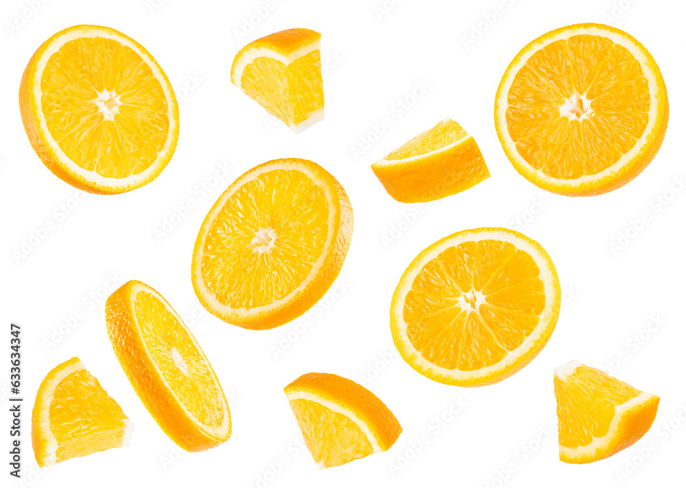 Fresh oranges pattern. Round slices and pieces fruits fly and levitation on white background, closeup, isolated. Summer fresh citrus fruits as design element for advertising, card, poster.