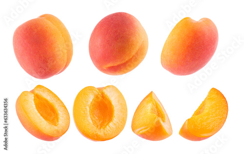 Ripe orange apricot with pink side - collection, whole and cut on half, pieces, different sides, closeup, details, isolated on white background. Summer fresh natural fruits as design elements.
