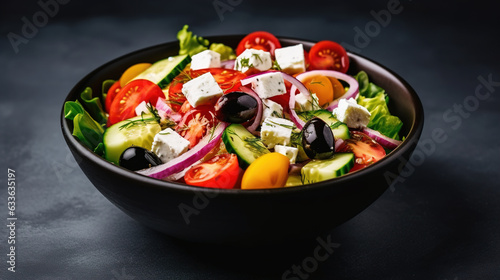 Greek salad with fresh vegetables, feta cheese and black olives on a dark background Generative AI