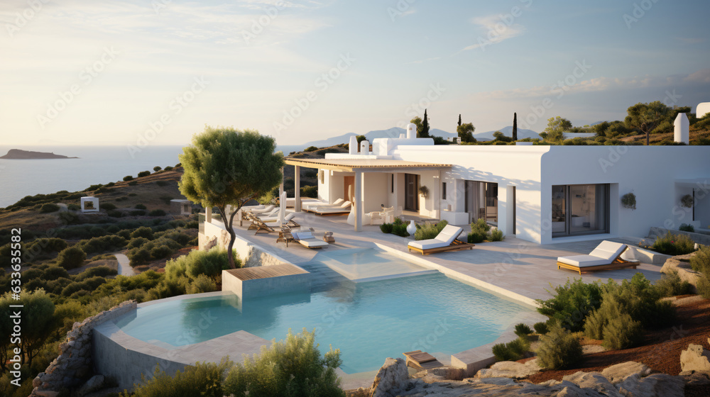 Traditional mediterranean white house with pool