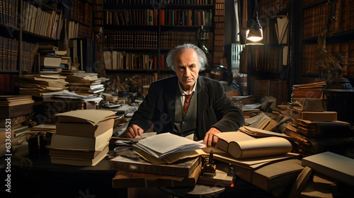 Portrait of a accomplished older author in his study surrounded by his books and manuscripts