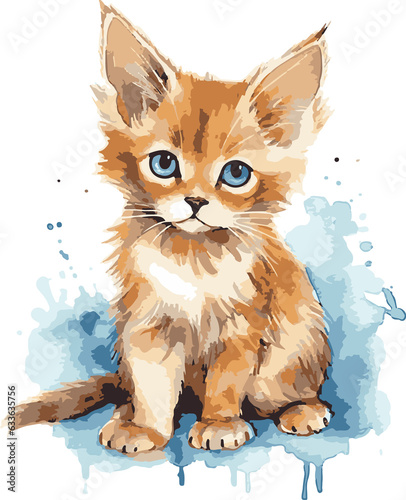 Somali cat pretty blue eyes, brown long hair fur gene, intelligent and active pet with watercolor painting art background isolated on white © MergeIdea