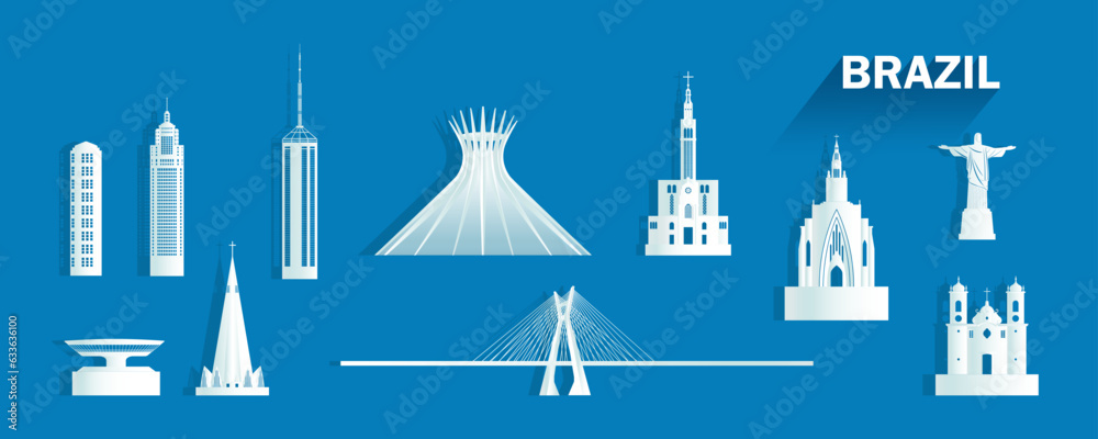 Travel landmarks Brazil with isolated silhouette architecture on blue background.