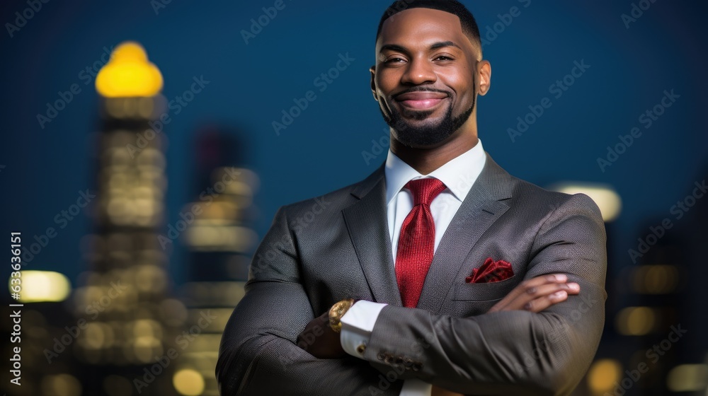 Muscular man with arms crossed, wearing a suit and tie, smiling with a red and gold color scheme, set against a cityscape background. Generative AI Muscular man with arms crossed, wearing a suit and tie, smiling with a red and gold color scheme, set against a cityscape background. Generative AI
