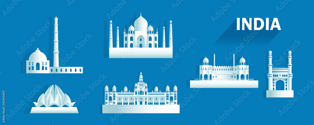 Travel landmarks India with isolated silhouette architecture on blue background.