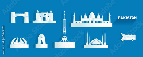 Pakistan isolated architecture icon set and symbol with tour asia.