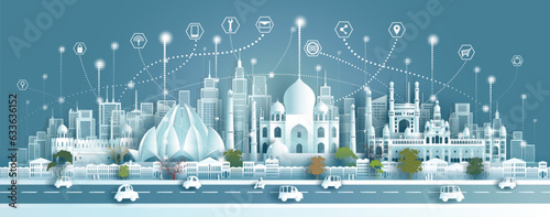 India technology wireless network communication smart city with architecture landmarks.