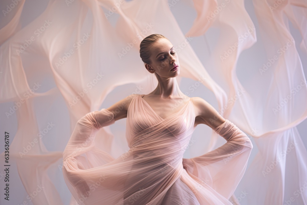 Fototapeta premium a graceful French ballerina in a minimalist leotard, within a palette of soft pastel pinks, emphasizing her lithe form, blush and rose hues, with a mix of fluid balletic movements