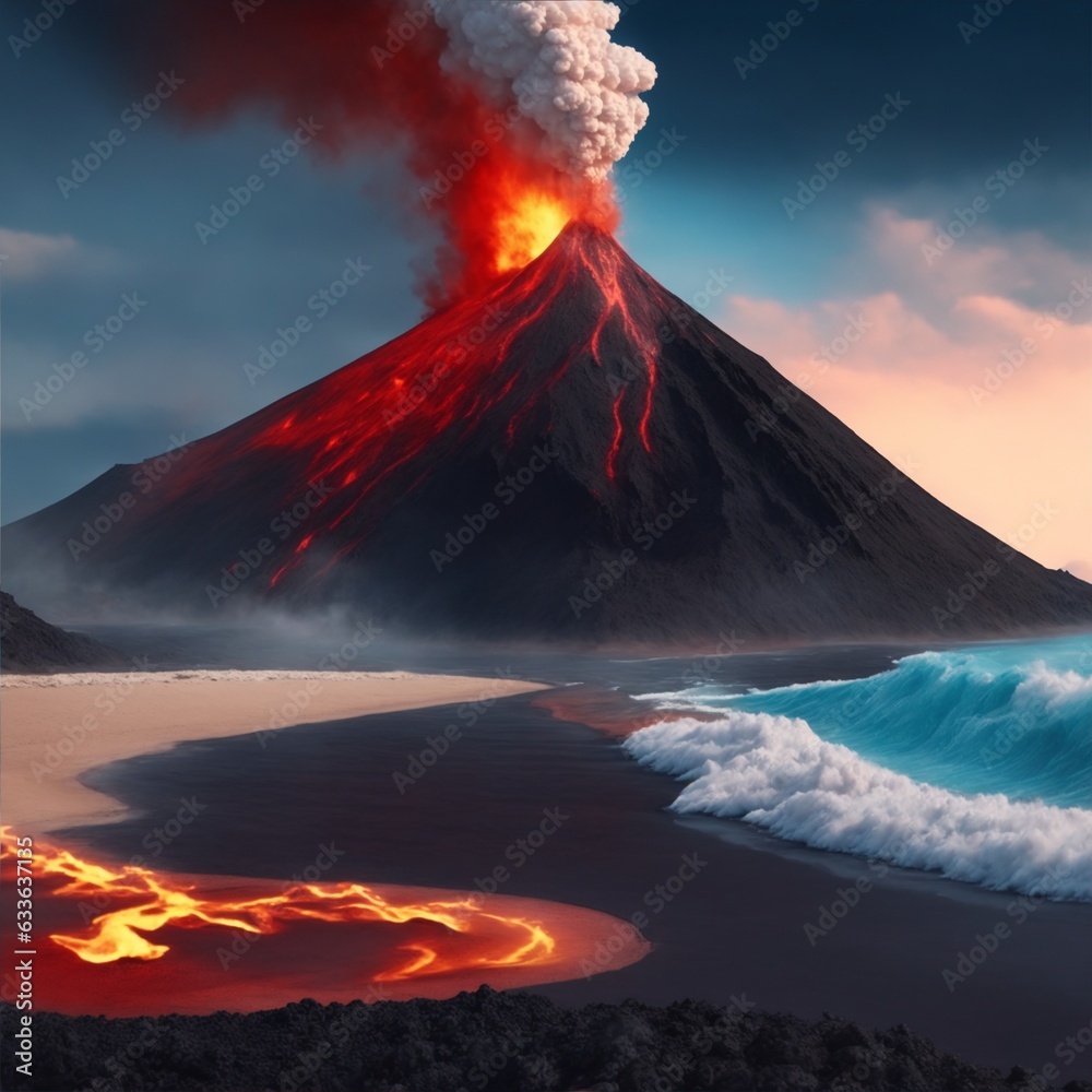 volcano erupting on the beach illustration