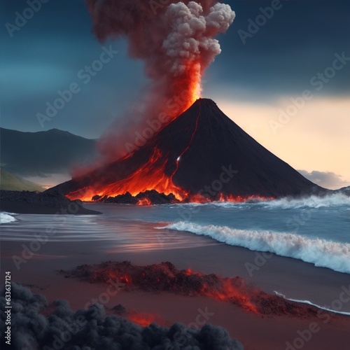 volcano erupting on the beach illustration