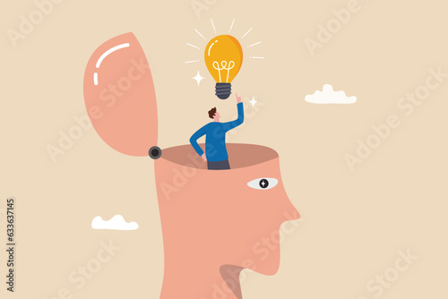 Eureka moment discover new idea or solution to solve problem, business insight, inspiration or creativity innovation, Aha moment concept, man with eureka moment discover lightbulb idea in his head. photo