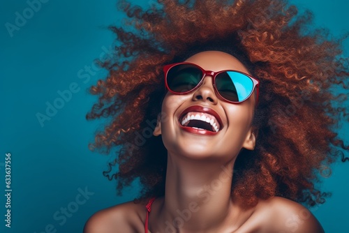 Vintage Vibes  Friends Laughing and Smiling Against Blue Background. Black Arts Movement Influence with Colorful  Eye-Catching Composition. Light Indigo and Amber Tones. High-Angle Capture