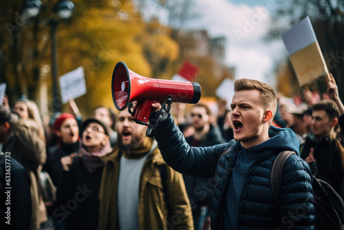 People on strike protesting with megaphone photo