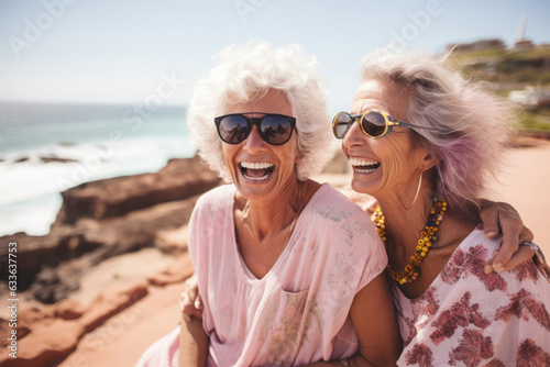 Happy senior friends laughing and having fun on vacation