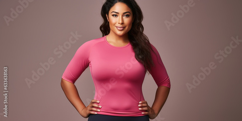 Latin Woman with a fit, plus size body stands in a studio confidently, wearing fitness clothing
