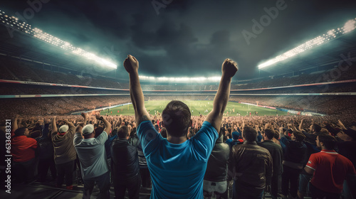 Fototapeta Naklejka Na Ścianę i Meble -  Back view of football, soccer fans cheering their team at crowded stadium at night time. Football fans celebrating a victory in stadium. Concept of sport