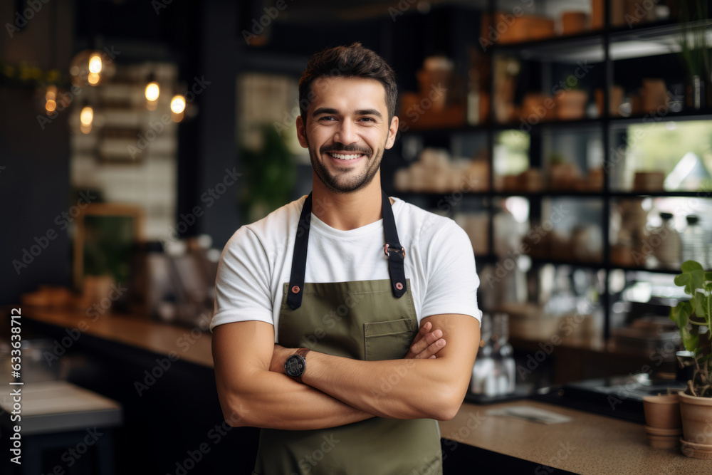 Barista in apron looking at camera and smiling Barista in apron looking at camera and smiling