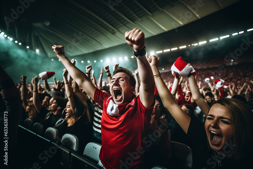 Crowd of sports fans cheering during a match in a stadium - people excited cheering for their favorite sports team to win the game