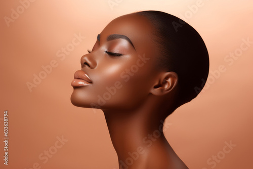Beautiful sensual sexy young black African ethnic woman model posing profile side face touching chin on brown background