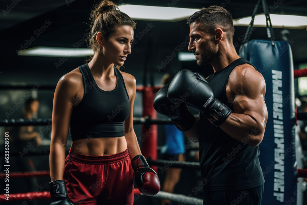 Female boxer training with a coach in a gym Female boxer training with a coach in a gym