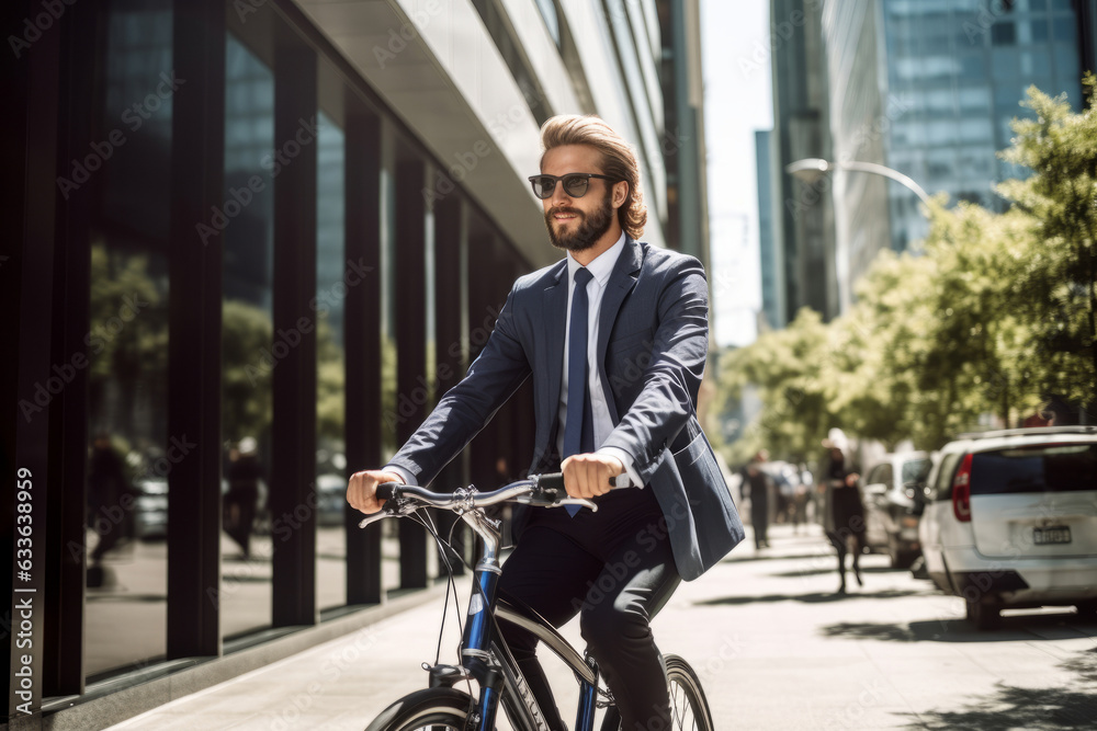 Business man riding a bike to work in the city