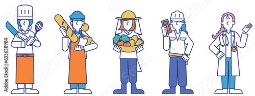 女性の職業セット（全身）（シェフ,パン屋,八百屋,大工,医者）