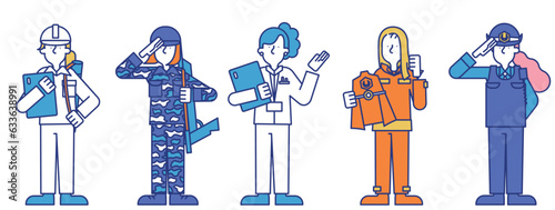 女性の職業セット（全身）（建築,自衛隊,医療,配達,消防,警察）