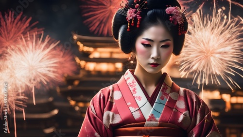 Beautiful Japanese Geisha in focus fireworks in background. generative AI