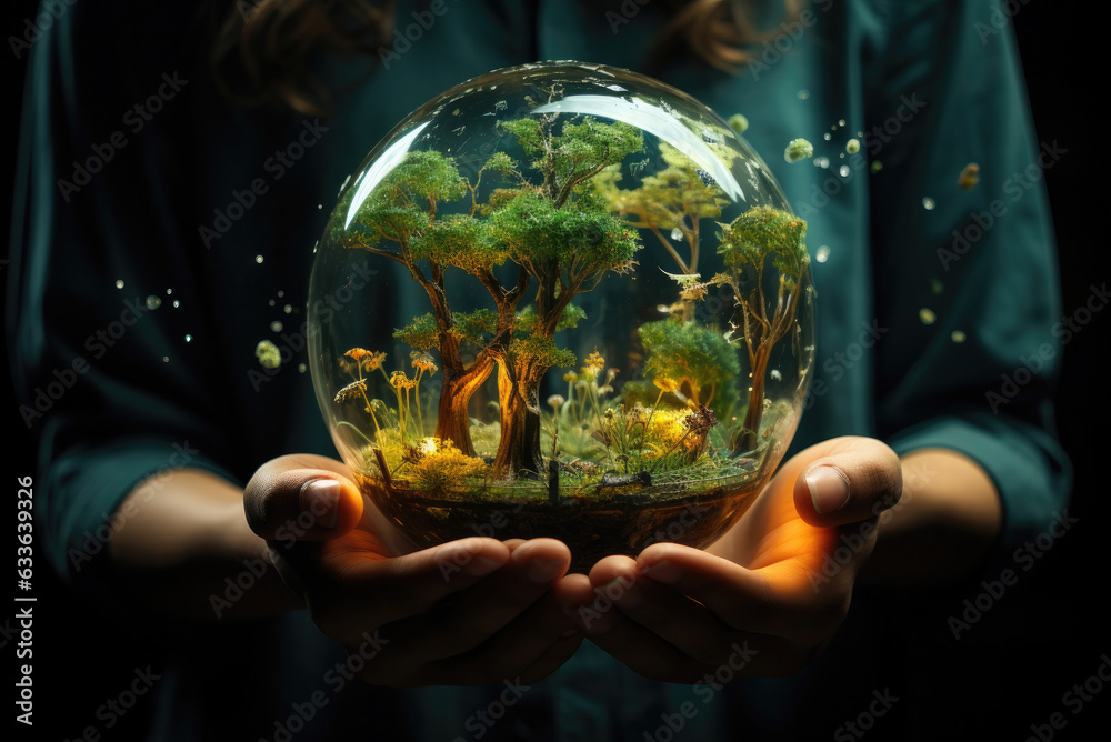 Symbolic glass ball with green plants on the palms of a person. Care for nature Symbolic glass ball with green plants on the palms of a person. Care for nature