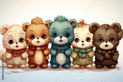 Ours en peluche alignés et habillé de différentes façon, dessin pour enfant, ia © jp