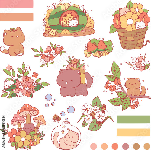 A set of cute cat with plant fruit and flower