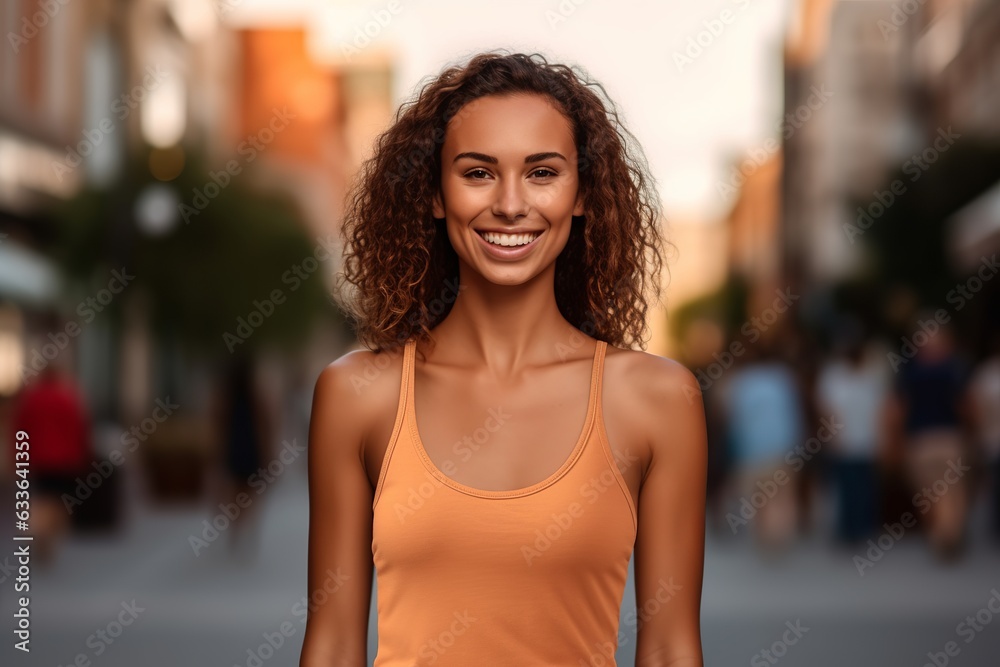 High-Resolution AI Photography. Young Attractive Woman Wearing Blank Heather Light Orange Tank Top Mockup Outdoors. Professional Capture of Casual Style and Vibrant Colors