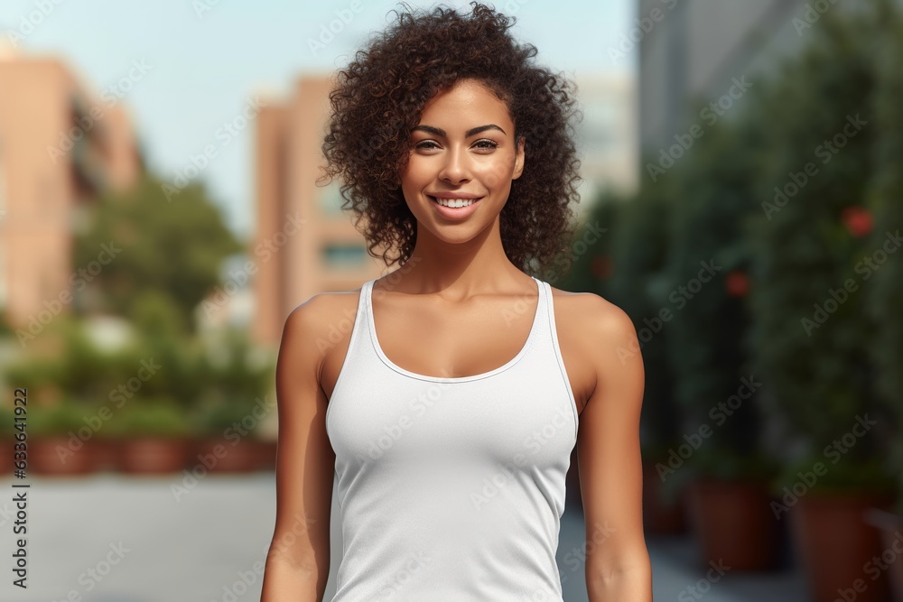 High-Resolution AI Photography. Young Attractive Woman Wearing Blank Heather Light White Tank Top Mockup Outdoors. Professional Capture of Casual Style and Vibrant Colors.