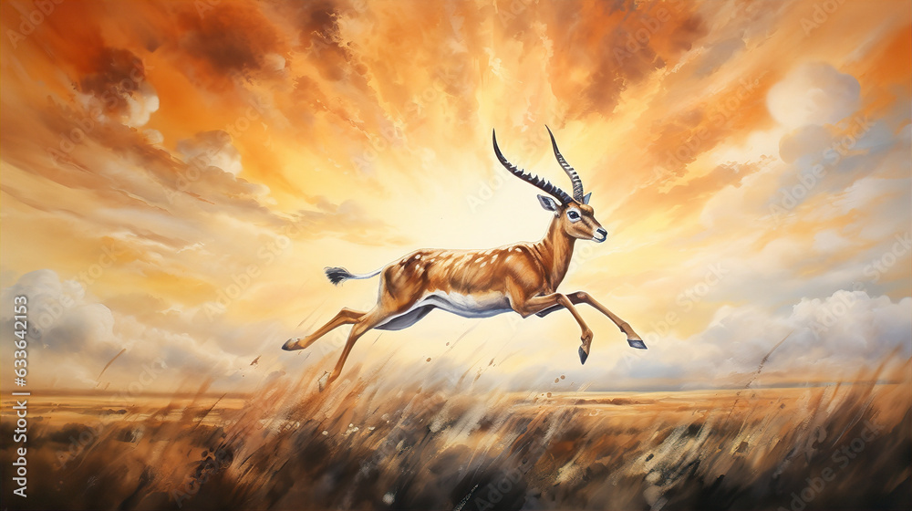 A graceful gazelle leaping gracefully across the vast Serengeti plains, a golden sunset painting the sky with warm hues, a distant thunderstorm brewing on the horizon, capturing the spirit of freedom  - obrazy, fototapety, plakaty 