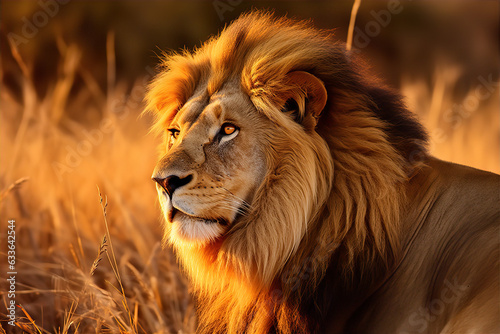 A majestic lion in the African savannah, its golden mane flowing in the wind, piercing eyes staring into the distance, surrounded by tall grass and acacia trees, warm sunset lighting.