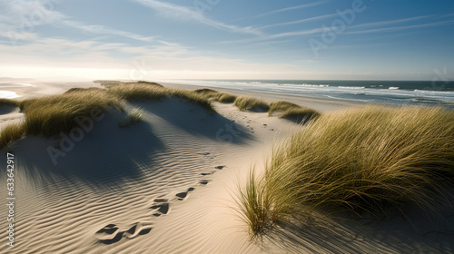 A Blue Cloudy Sky And Grass In The Dunes, Along With A Tranquil Dune Landscape With Footprints On The Sandy Beach Leading To The Sea - Generative AI