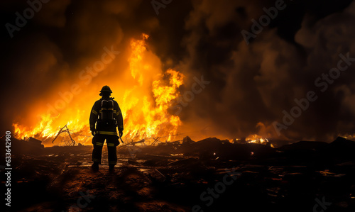 Firefighter or fire man standing near a forest fire, dark black smoke and large flames. Concept of firefighting, forest fires and fire fighting. Shallow field of view.