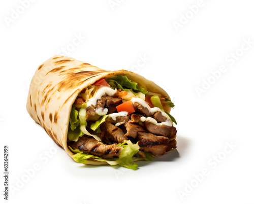 Shawarma wrap or Taco, isolated on a white background with copy space.