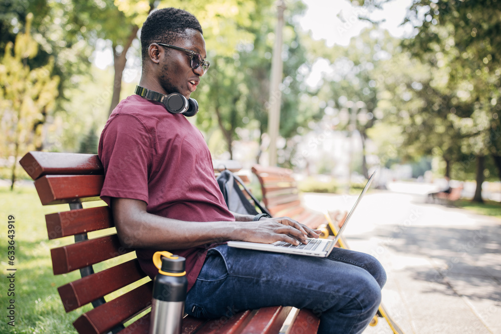 Obraz premium Young man sitting in the park and using laptop