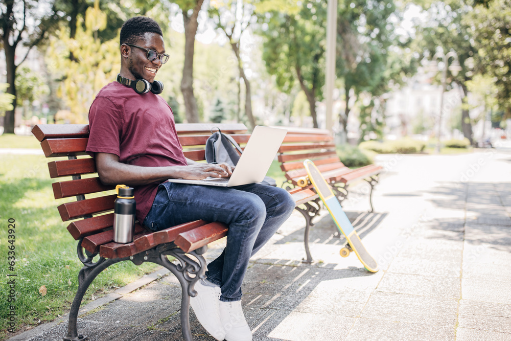 Young man sitting in the park and using laptop