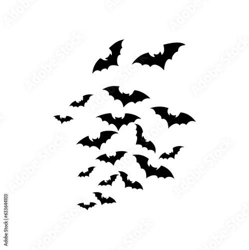 Cave black bats group  vector Halloween background. Flying fox night creatures illustration. Silhouettes of flying bats traditional Halloween symbols.